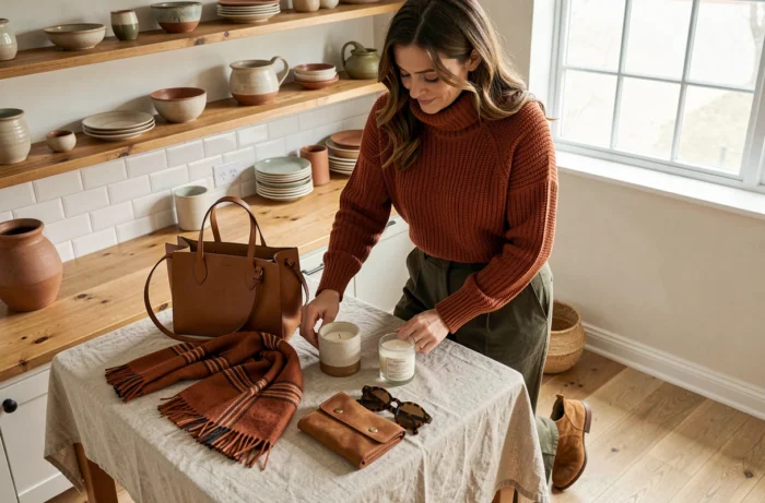 Femme en pull torsadé terracotta et pantalon olive arrangeant des accessoires de mode tendance sur une table en lin dans un appartement cosy, illustrant l'esthétique lifestyle et les couleurs tendances de la saison