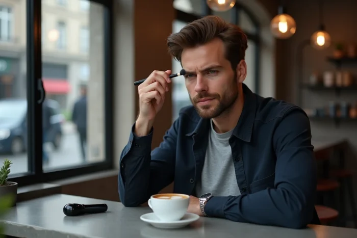 Homme soignant ses sourcils dans un café urbain parisien, tendances beauté masculine et style urbain contemporain