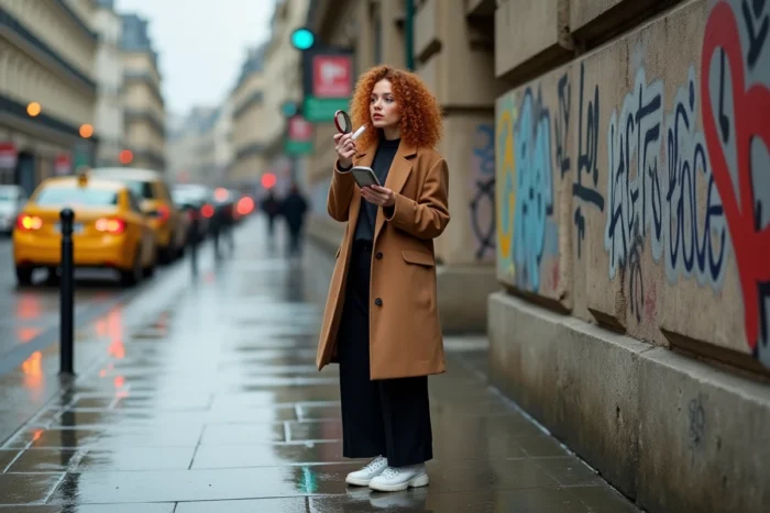 Femme appliquant un baume à lèvres teinté sur un trottoir urbain mouillé, tendances beauté street style automne-hiver