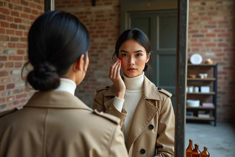Jeune femme appliquant un blush terracotta devant un miroir industriel dans un loft urbain, tendances beauté style urbain