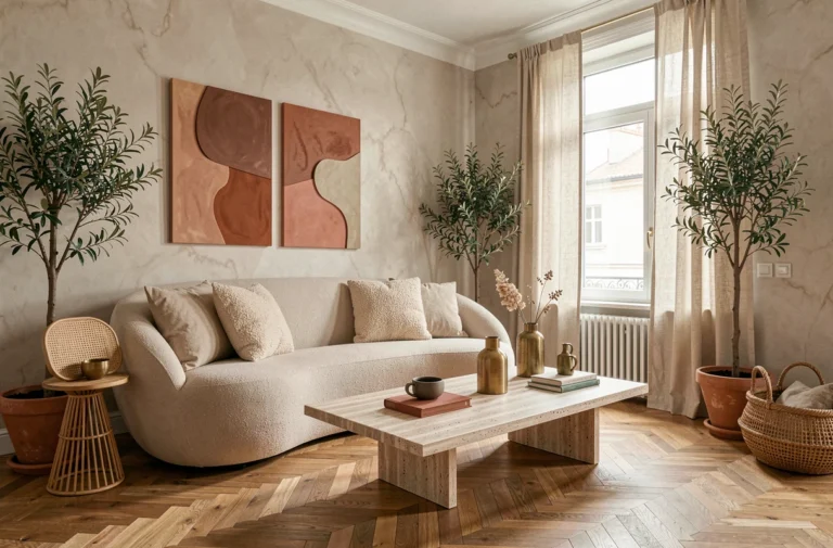 Salon moderne décoré selon les tendances intérieur avec canapé boucle beige, table en travertin et touches de terracotta