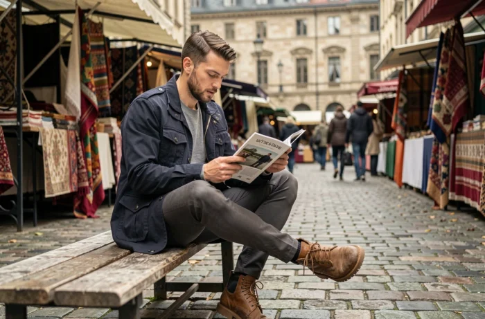 Homme stylé en veste utility marine et chinos charbon assis sur un marché urbain européen, représentant les tendances lifestyle masculines de la saison avec une esthétique décontractée et contemporaine
