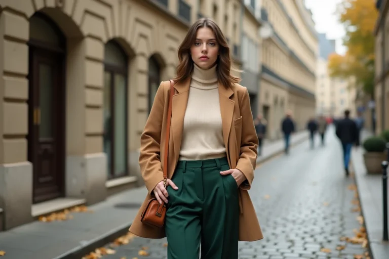 Femme en blazer camel oversize et pantalon large vert forêt dans une rue pavée européenne, tendances mode automne-hiver