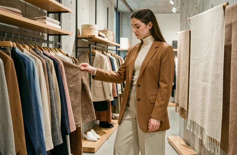Jeune femme élégante en blazer camel et pantalon large crème faisant du shopping dans une boutique concept store parisienne aux murs en béton, illustrant les tendances mode automne-hiver