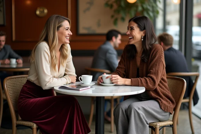 Deux femmes élégantes en tenues de saison tendance assises dans un café parisien, mode automne looks velours et laine