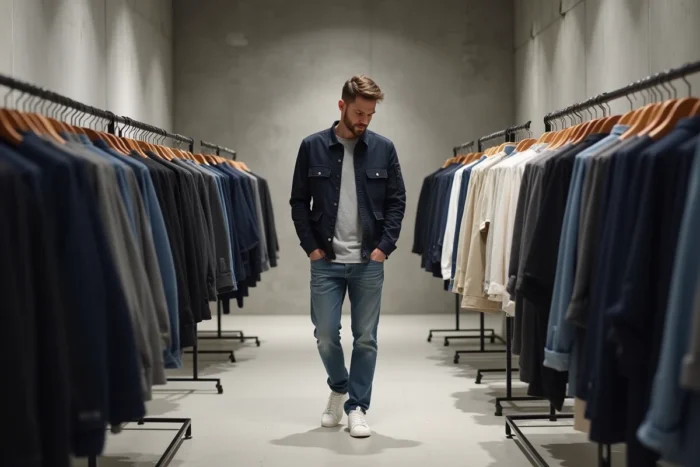 Homme en veste utilitaire marine dans un concept store minimaliste scandinave, style mode masculin contemporain