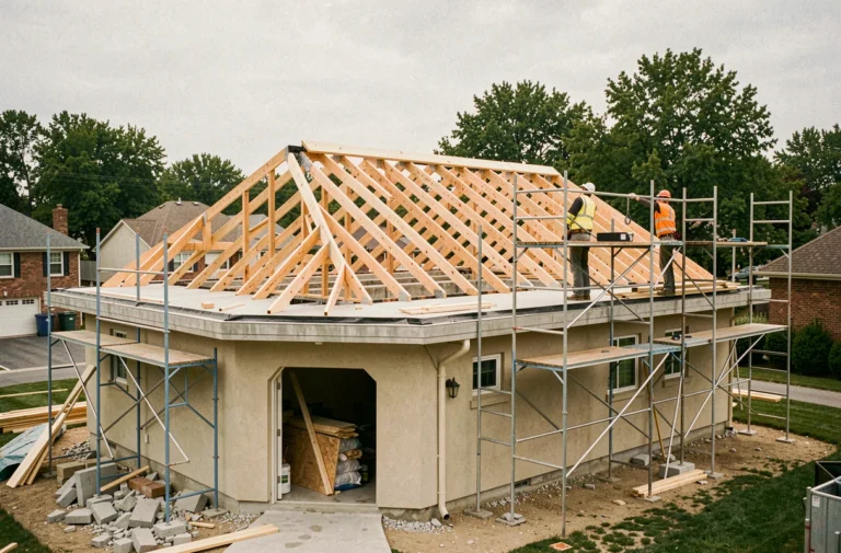 Transformation d'un toit plat de garage en toit en pente avec charpente en bois et échafaudage visible en extérieur