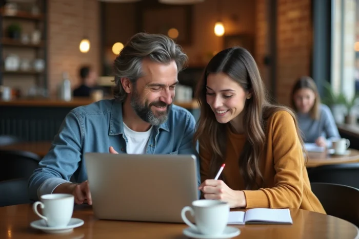 Deux personnes consultant un ordinateur portable pour trouver l'adresse d'un site bloqué dans un café
