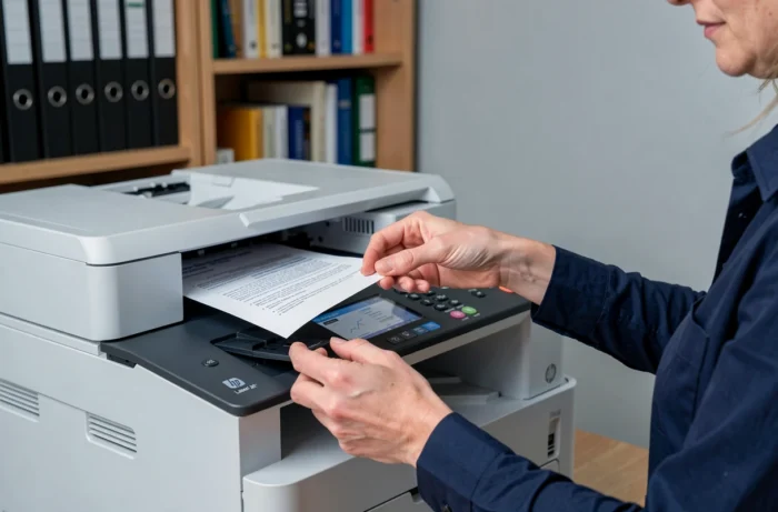 Femme utilisant le chargeur automatique de documents de l'imprimante HP LaserJet Pro M280nw dans un bureau à domicile