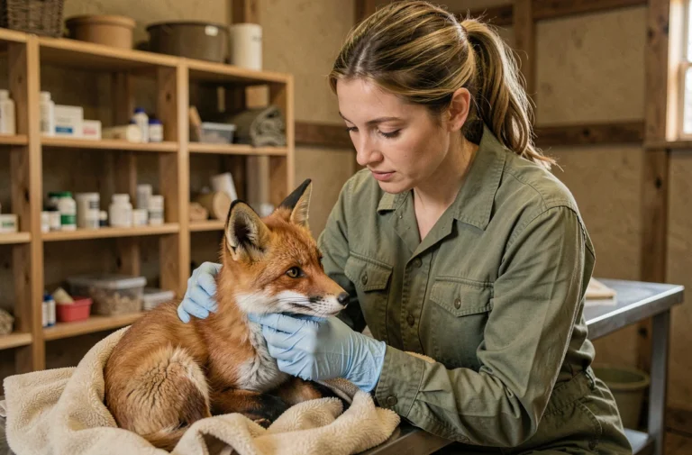 Vétérinaire soignant un renard roux blessé dans un centre de sauvetage animalier