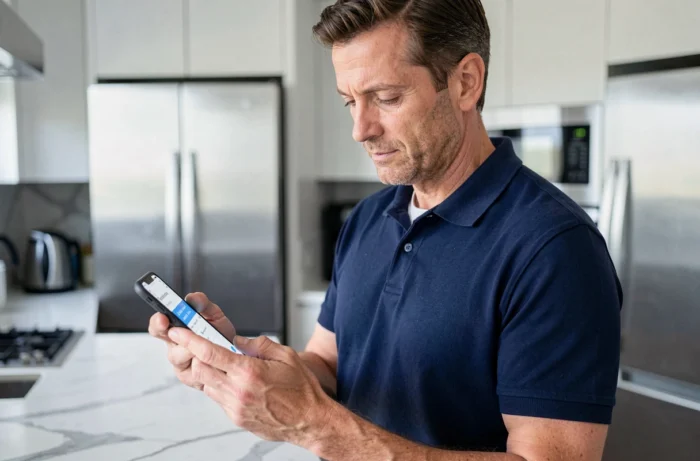 Homme consultant une application bancaire sur smartphone pour recevoir un virement Amazon