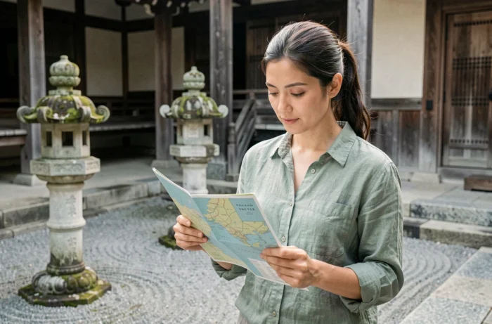 Voyageuse consultant une carte devant un temple bouddhiste à Kyoto, Japon, ambiance sereine et authentique