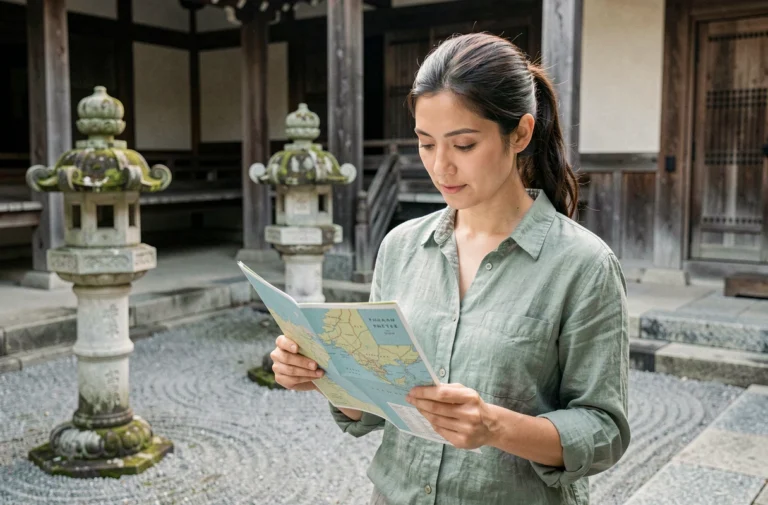 Voyageuse consultant une carte devant un temple bouddhiste à Kyoto, Japon, ambiance sereine et authentique